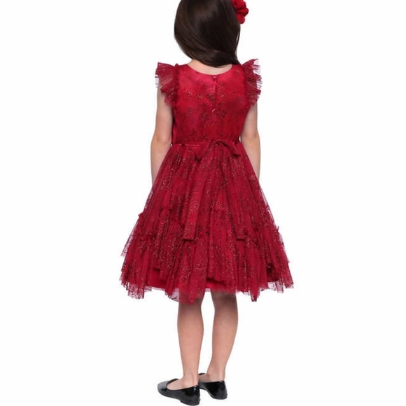RED RUFFLE FLUTTER SLEEVE PARTY DRESS 3 4 5 cy - Picture 6 of 7